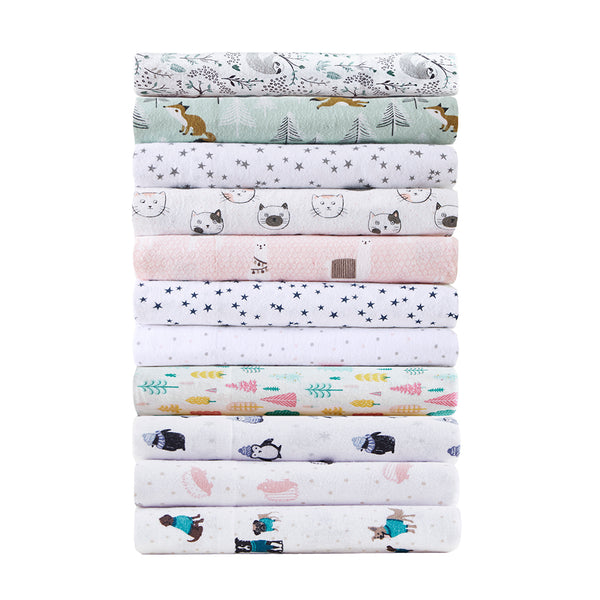 JLA Home Intelligent Design - 100% Cotton Flannel Sheet Set – Ultra-Soft 135gsm Pigment Print for Warmth, Breathable Comfort & Lasting Color Grey Sloths ID20-2044