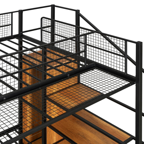 English Elm Twin Over Full Metal Bunk Bed with Trundle, Step Ladder Storage, Wardrobe & Wire Shelving, Durable Frame Black SF000172AAB