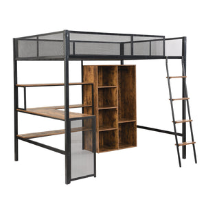 English Elm Full Full Size Metal Loft Bed with Built-In Desk, Wardrobe & Shelves in Black — Space-Saving, Sturdy Design (Fits 6" Mattress) GX001134AAB