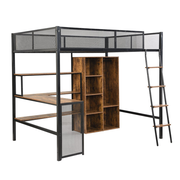 English Elm Full Full Size Metal Loft Bed with Built-In Desk, Wardrobe & Shelves in Black — Space-Saving, Sturdy Design (Fits 6" Mattress) GX001134AAB