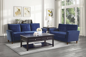 English Elm Blue Velvet Dunleith Loveseat Plush Tufted Seatbacks Flared Arms Solid Wood Frame Modern Chic B011P204911