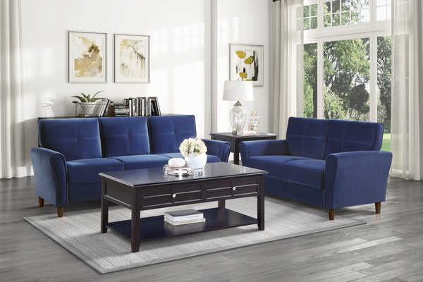 English Elm Blue Velvet Upholstery Sofa with Tufted Plush Seatbacks, Flared Arms & Solid Wood Frame, Modern Living Room 92" B011P204910