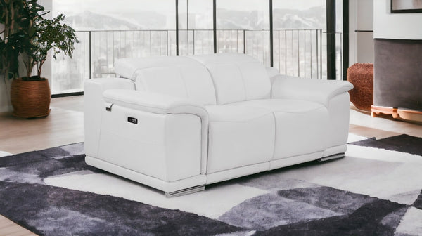 Homeroots 72" White And Silver Italian Leather Power Reclining Loveseat White  477570