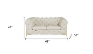 Homeroots 69" Beige And Gold Italian Leather Loveseat Beige  477573