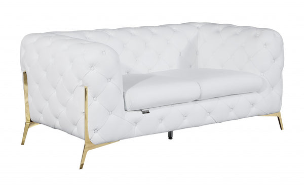 Homeroots 69" White And Gold Italian Leather Loveseat White  477575