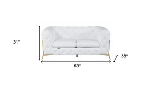 Homeroots 69" White And Gold Italian Leather Loveseat White  477575