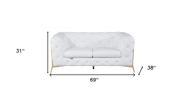 Homeroots 69" White And Gold Italian Leather Loveseat White  477575