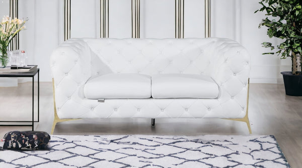 Homeroots 69" White And Gold Italian Leather Loveseat White  477575