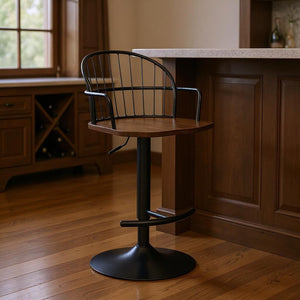HomeRoots 23" Adjustable Height Bar Chair with Rustic Walnut Wood Seat and Stylish Black Iron Frame Design 477579