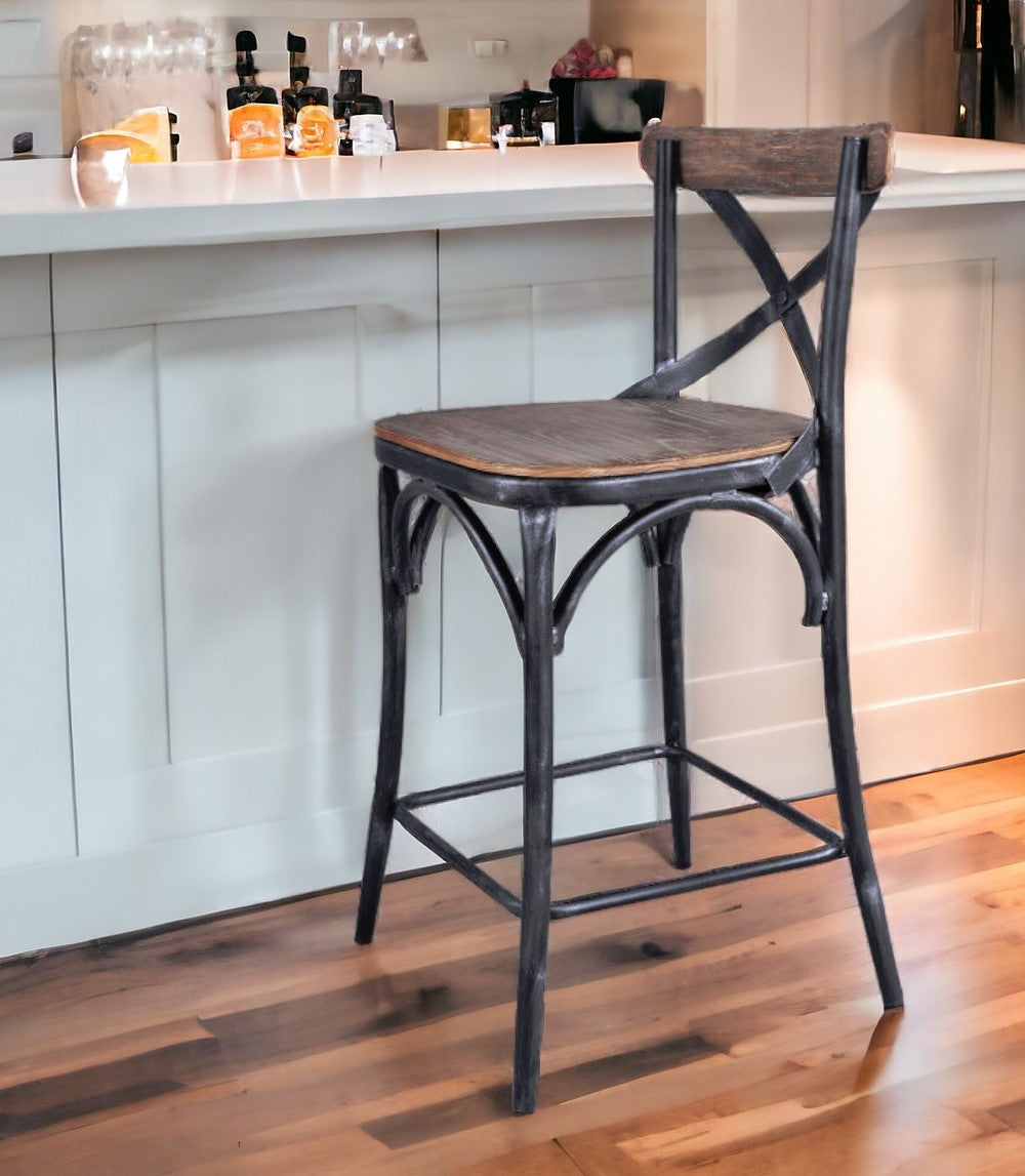 Homeroots 26" Brown And Black Solid Wood With Iron Counter Height Bar Chair   477580