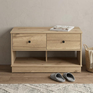 36 Inch Natural Oak Entryway Bench with Shoe Shelves Drawers and Organized Storage