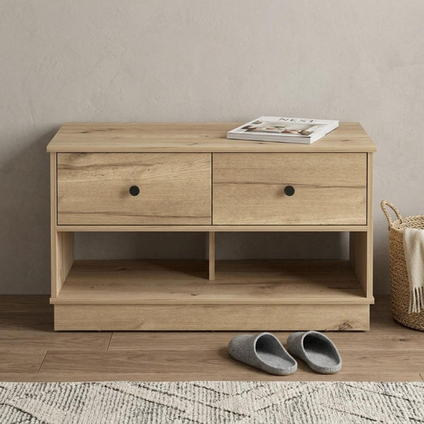 36 Inch Natural Oak Entryway Bench with Shoe Shelves Drawers and Organized Storage