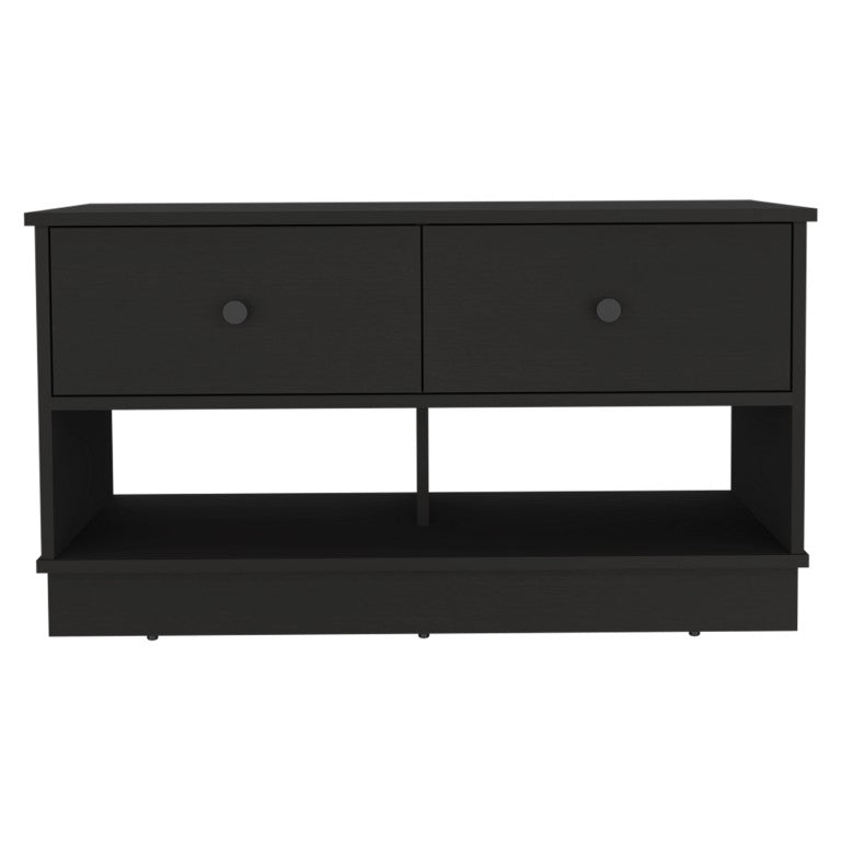 HomeRoots 36 Inch Black Wood Entryway Bench with Integrated Drawers and Open Shelving Below 477606