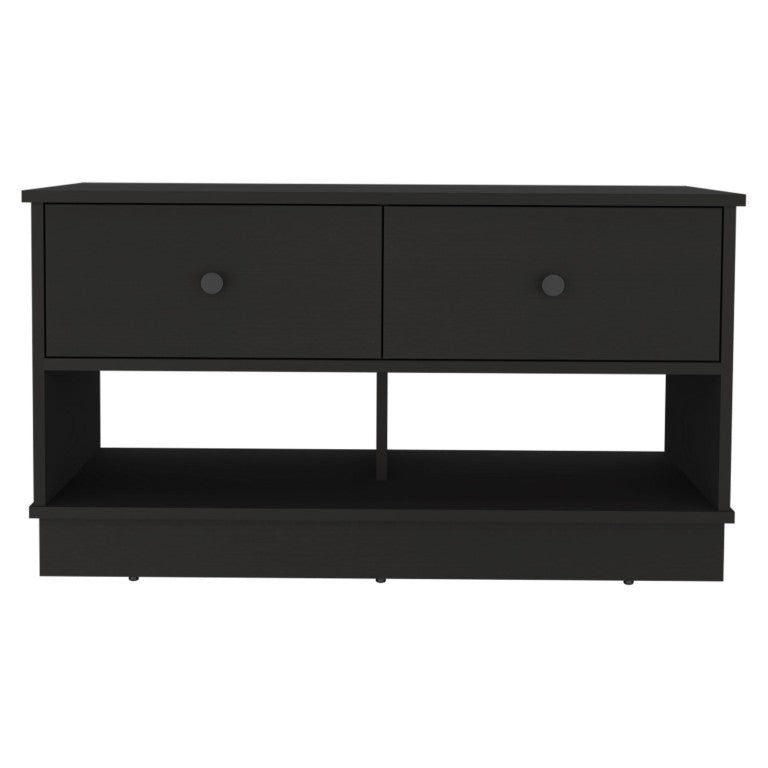HomeRoots 36 Inch Black Wood Entryway Bench with Integrated Drawers and Open Shelving Below 477606