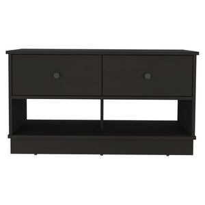 36 Inch Black Wood Entryway Bench with Integrated Drawers and Open Shelving Below