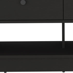 36 Inch Black Wood Entryway Bench with Integrated Drawers and Open Shelving Below