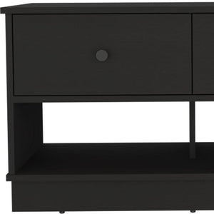 36 Inch Black Wood Entryway Bench with Integrated Drawers and Open Shelving Below