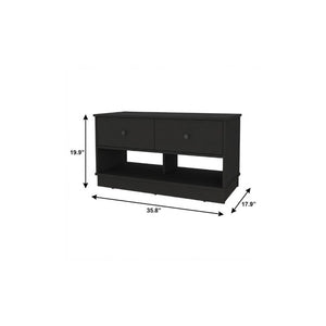 36 Inch Black Wood Entryway Bench with Integrated Drawers and Open Shelving Below