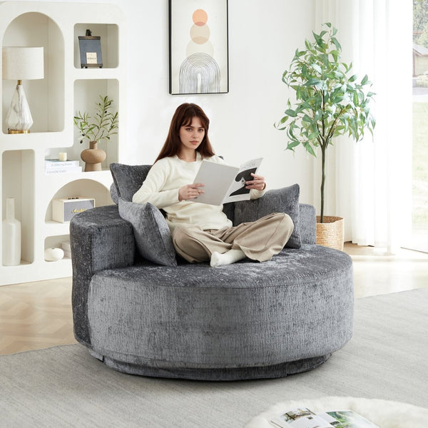 English Elm 55''l 55'l Chenille Swivel Lounge Chair Plush Foam Fill 360 Rotation Modern Living Room Grey W834S00641