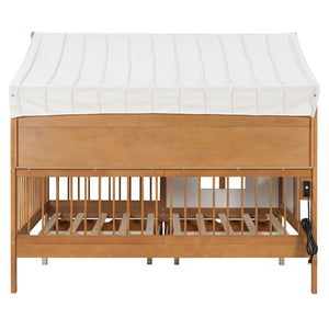 English Elm Full Size Kids House Bed with Led Bookshelf Storage Drawers and Charging Station Walnut LP000378AAL