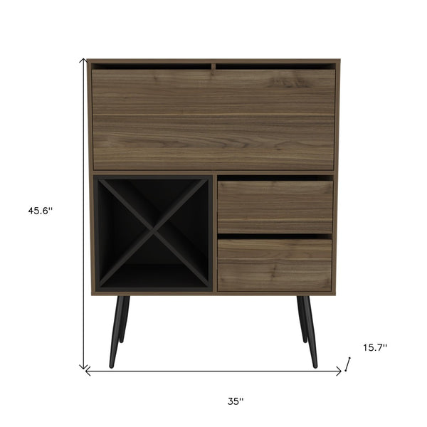 HomeRoots 46" Chic Dark Brown & Black Wood Console Bar Cabinet with Storage, Drop-Down Workspace & Drawers 477712