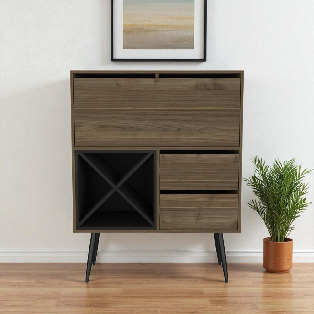 HomeRoots 46" Chic Dark Brown & Black Wood Console Bar Cabinet with Storage, Drop-Down Workspace & Drawers 477712