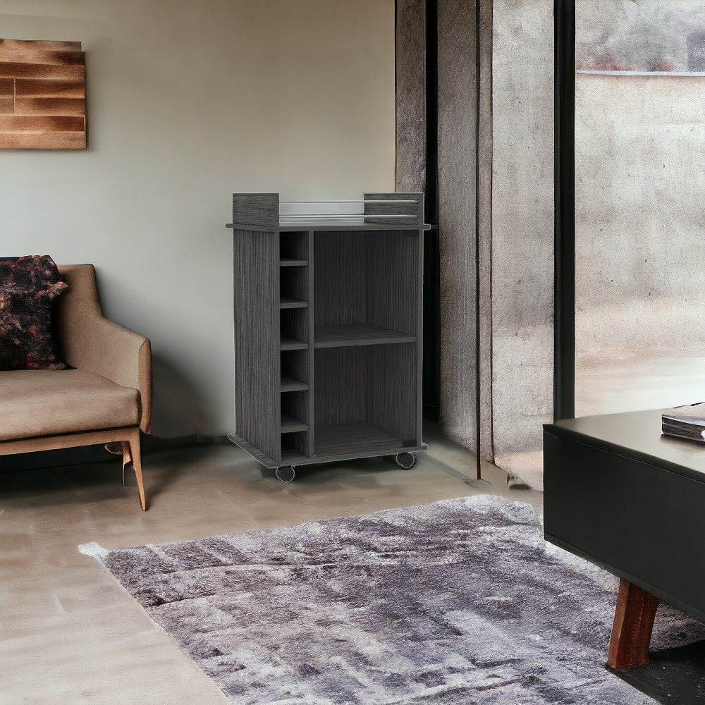 Homeroots Gray Rolling Bar Cart With Wine Storage  Particle Board 477746