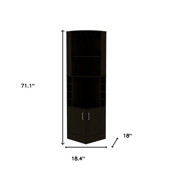 HomeRoots 71" Black Wood Corner Bar Cabinet – Modern Space-Saving Design with Open Shelves & Hidden Storage Solutions 477753