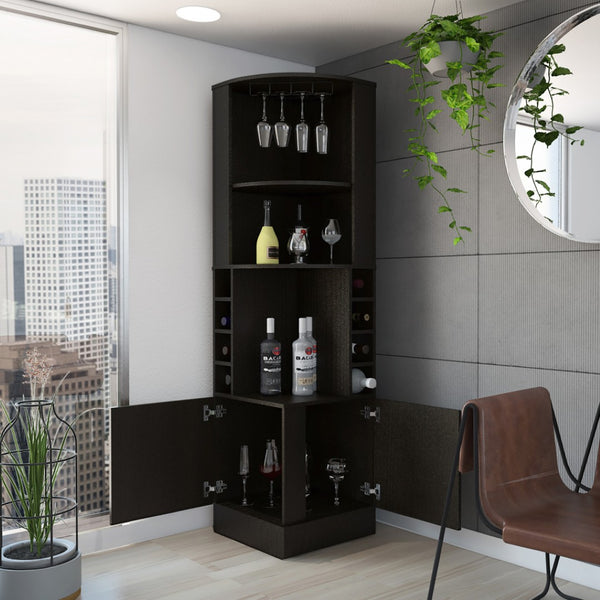 HomeRoots 71" Black Wood Corner Bar Cabinet – Modern Space-Saving Design with Open Shelves & Hidden Storage Solutions 477753