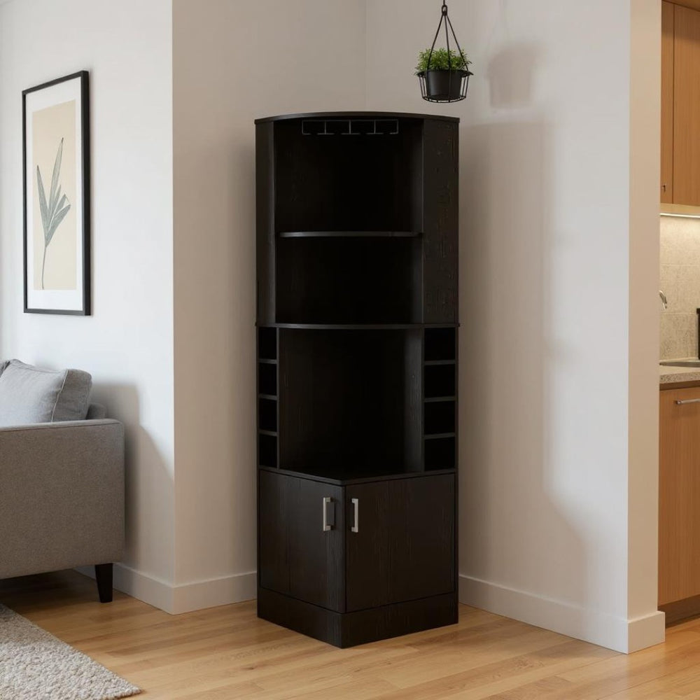 HomeRoots 71" Black Wood Corner Bar Cabinet – Modern Space-Saving Design with Open Shelves & Hidden Storage Solutions 477753