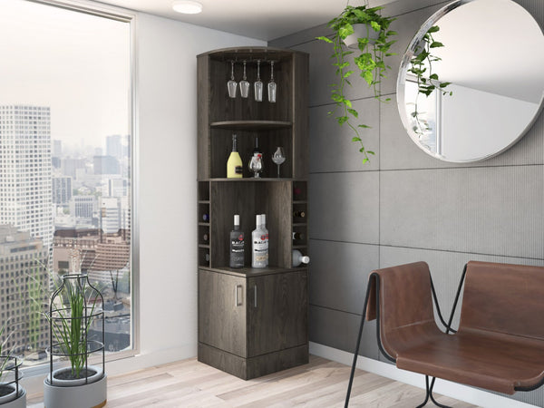 HomeRoots 71" Dark Brown Corner Bar Cabinet - Space-Saving Design with Open Shelves & Wine Storage Cubbies 477754