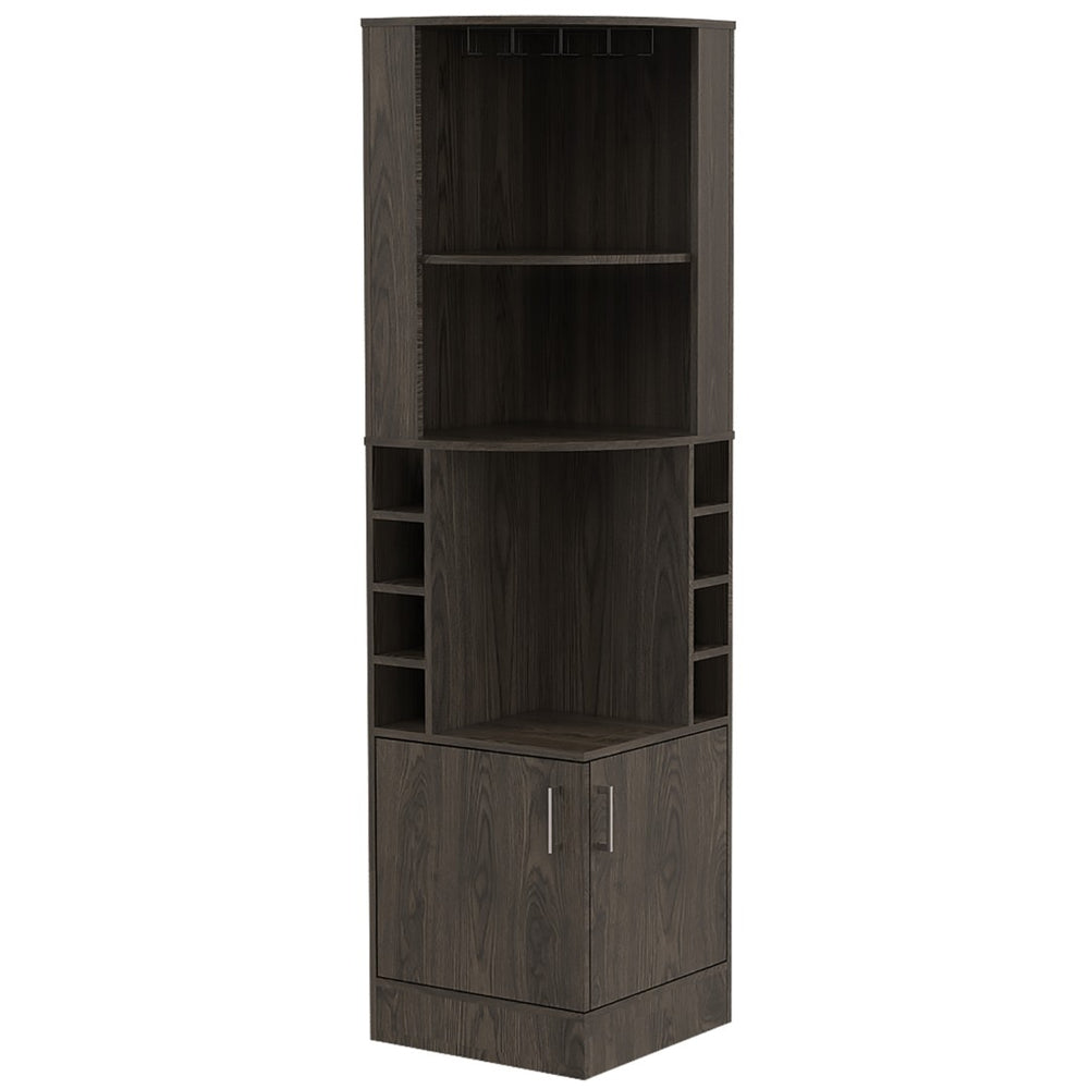 HomeRoots 71" Dark Brown Corner Bar Cabinet - Space-Saving Design with Open Shelves & Wine Storage Cubbies 477754