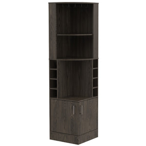 HomeRoots 71" Dark Brown Corner Bar Cabinet - Space-Saving Design with Open Shelves & Wine Storage Cubbies 477754