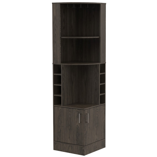 HomeRoots 71" Dark Brown Corner Bar Cabinet - Space-Saving Design with Open Shelves & Wine Storage Cubbies 477754