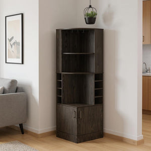 HomeRoots 71" Dark Brown Corner Bar Cabinet - Space-Saving Design with Open Shelves & Wine Storage Cubbies 477754