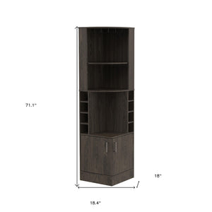 HomeRoots 71" Dark Brown Corner Bar Cabinet - Space-Saving Design with Open Shelves & Wine Storage Cubbies 477754