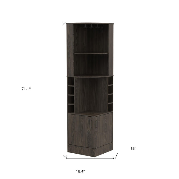 HomeRoots 71" Dark Brown Corner Bar Cabinet - Space-Saving Design with Open Shelves & Wine Storage Cubbies 477754