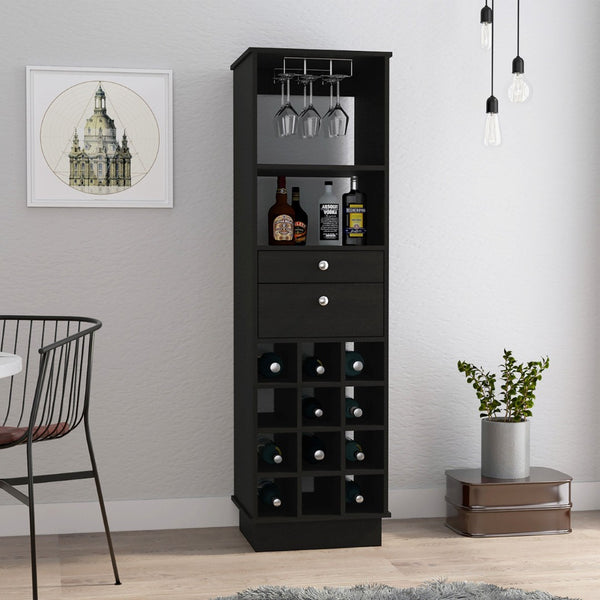 HomeRoots 63" Black Wood Bar Cabinet - Stylish, Space-Saving Design with Storage for Wine Bottles & Glasses 477755