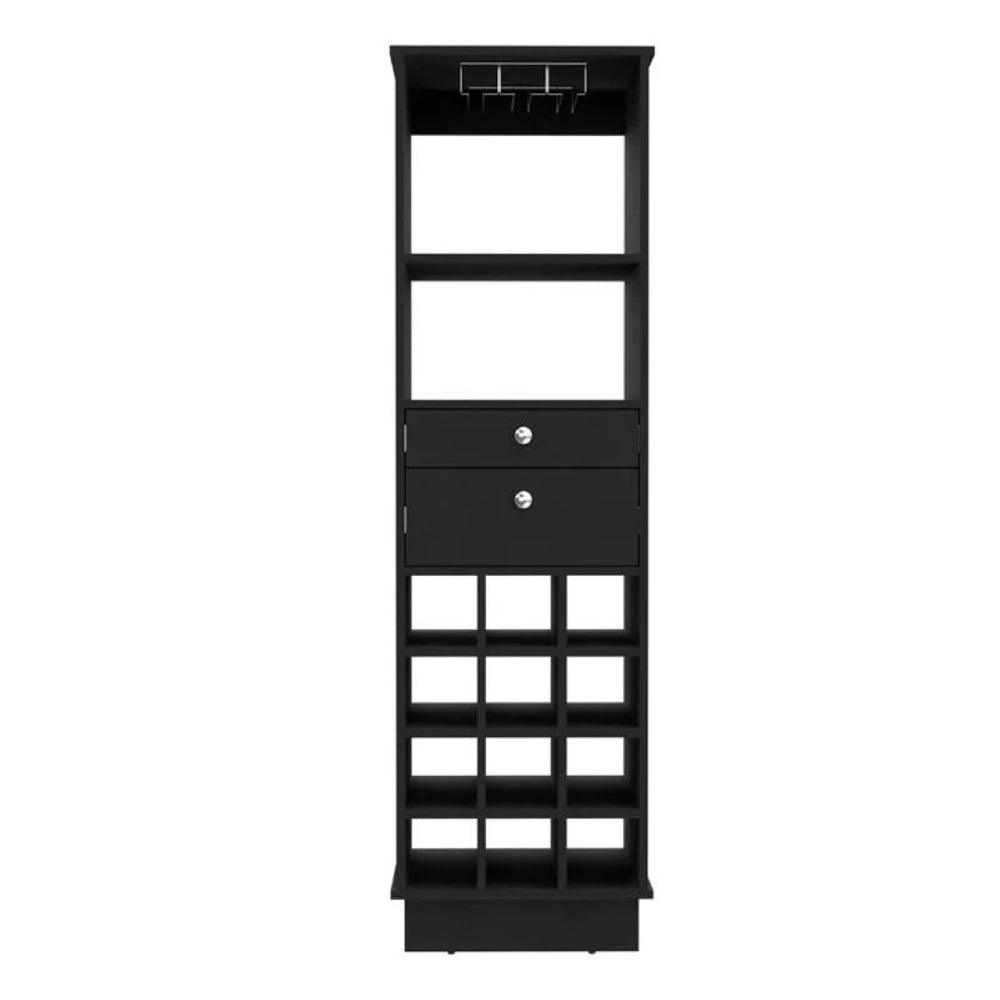 HomeRoots 63" Black Wood Bar Cabinet - Stylish, Space-Saving Design with Storage for Wine Bottles & Glasses 477755
