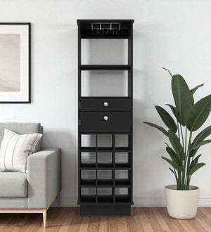 HomeRoots 63" Black Wood Bar Cabinet - Stylish, Space-Saving Design with Storage for Wine Bottles & Glasses 477755