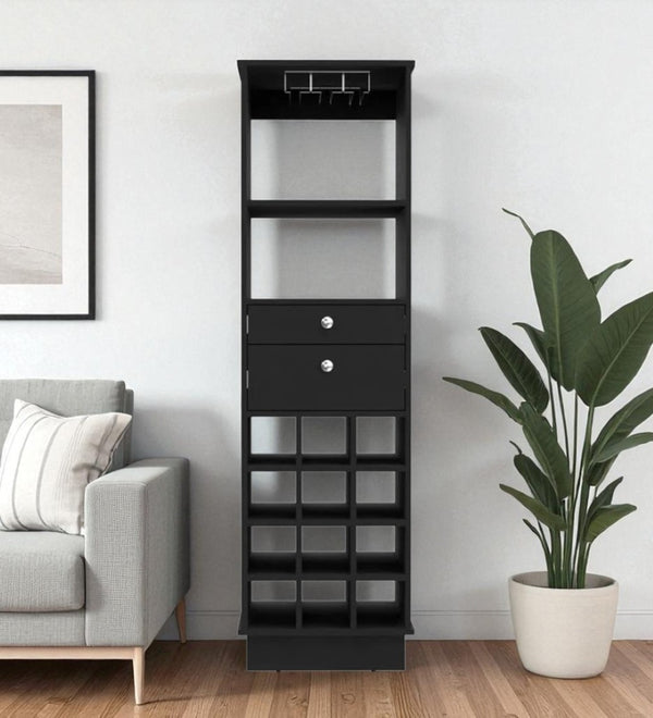 HomeRoots 63" Black Wood Bar Cabinet - Stylish, Space-Saving Design with Storage for Wine Bottles & Glasses 477755