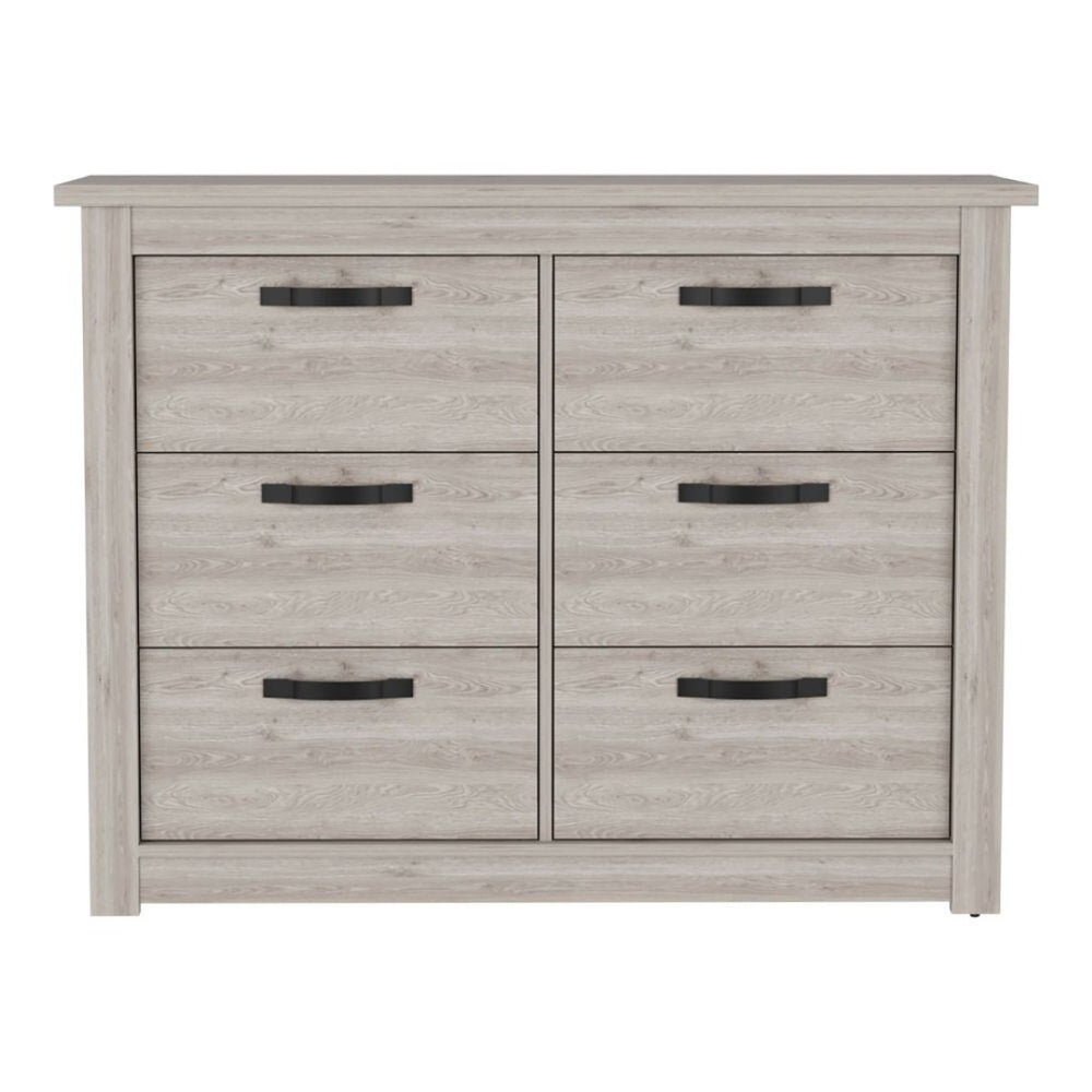 HomeRoots 47" Gray Wood Double Dresser - Modern Six Drawer Storage with Black Accents for Stylish Bedrooms 477760