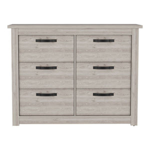 HomeRoots 47" Gray Wood Double Dresser - Modern Six Drawer Storage with Black Accents for Stylish Bedrooms 477760