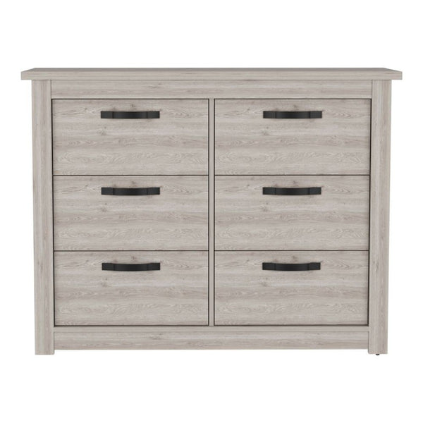 HomeRoots 47" Gray Wood Double Dresser - Modern Six Drawer Storage with Black Accents for Stylish Bedrooms 477760