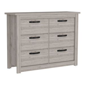 HomeRoots 47" Gray Wood Double Dresser - Modern Six Drawer Storage with Black Accents for Stylish Bedrooms 477760