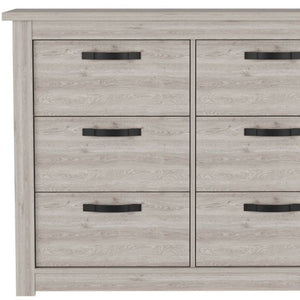HomeRoots 47" Gray Wood Double Dresser - Modern Six Drawer Storage with Black Accents for Stylish Bedrooms 477760