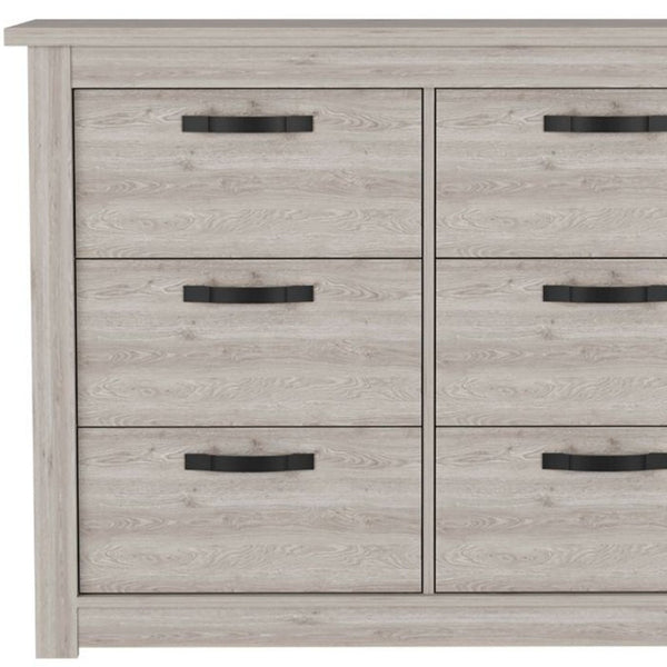 HomeRoots 47" Gray Wood Double Dresser - Modern Six Drawer Storage with Black Accents for Stylish Bedrooms 477760