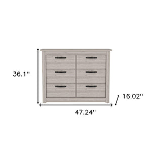 HomeRoots 47" Gray Wood Double Dresser - Modern Six Drawer Storage with Black Accents for Stylish Bedrooms 477760