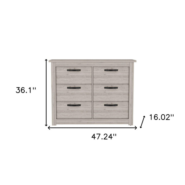 HomeRoots 47" Gray Wood Double Dresser - Modern Six Drawer Storage with Black Accents for Stylish Bedrooms 477760