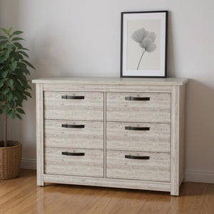 HomeRoots 47" Gray Wood Double Dresser - Modern Six Drawer Storage with Black Accents for Stylish Bedrooms 477760